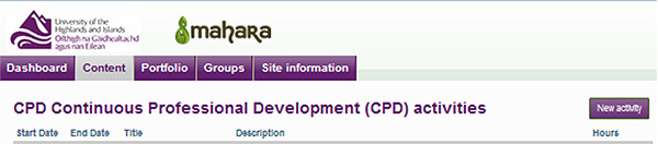 Continuous Professional Development page in Mahara