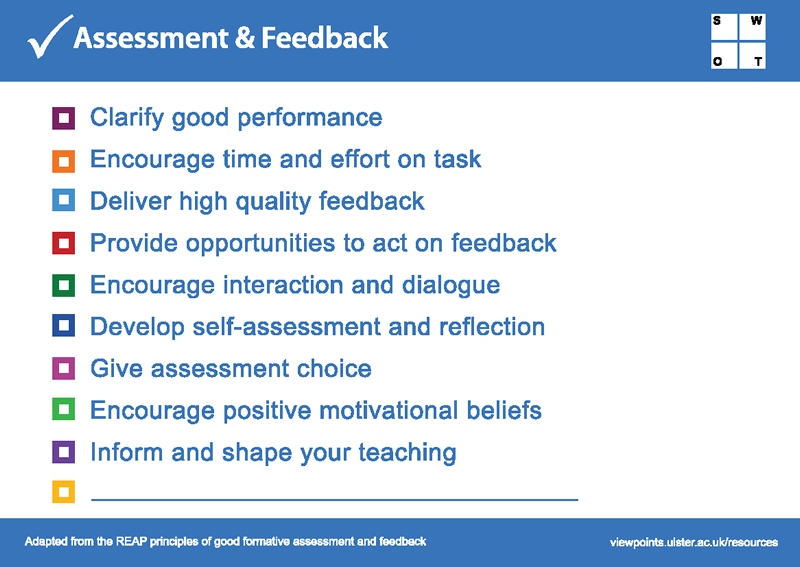 Clarify good performance; Encourage time and effort on task; Deliver high quality feedback; Provide opportunities to act on feedback; Encourage interaction and dialogue; Develop self-assessment and reflection; Give assessment choice; Encourage positive motivational beliefs; Inform and shape your teaching; Fill in your own;
