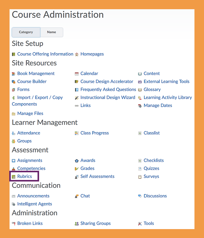 Screenshot of how to access the Rubrics tool via the Course Admin area