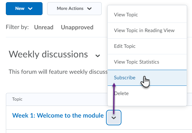 Accessing the Subscribe option in a discussion topic
