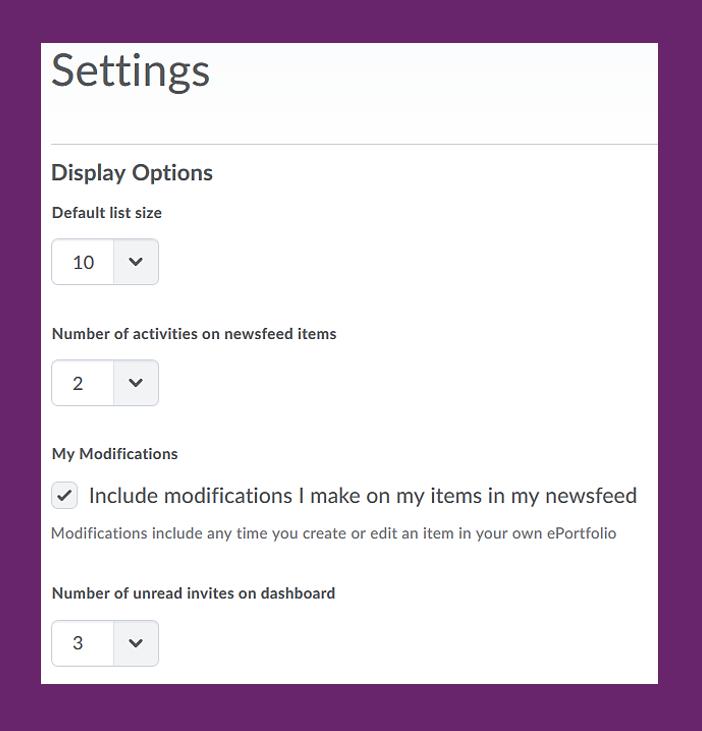 Screenshot of eP settings area, particularly display option settings