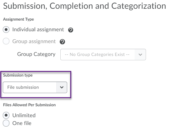 Selecting the type of assignment: File submission