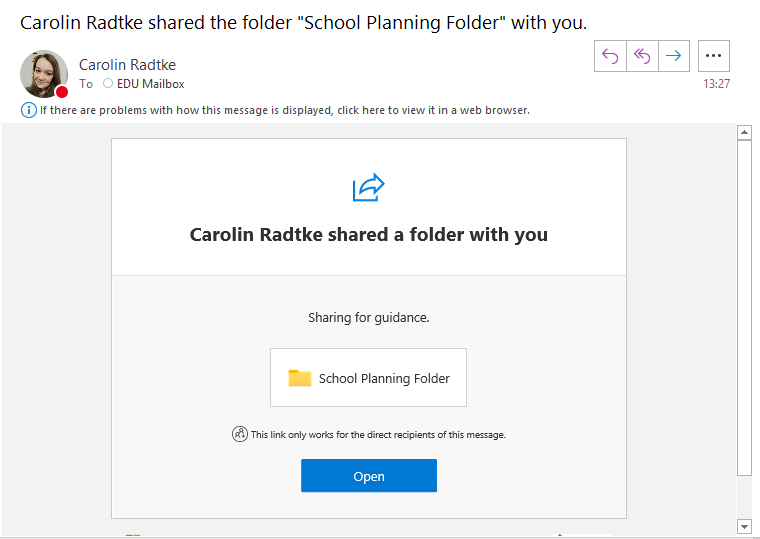 Screenshot of the email informing you that the student has shared their School Planning Folder with you