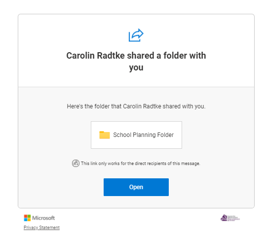 Screenshot of the email informing you that the student has shared their School Planning Folder with you