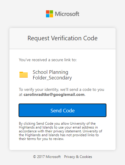 Screenshot of screen allowing you to ask for a Verification Code