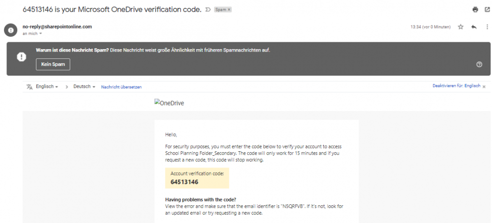 Screenshot of the email with the Verification Code