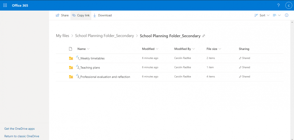 Screenshot of the student's School Planning Folder in OneDrive 