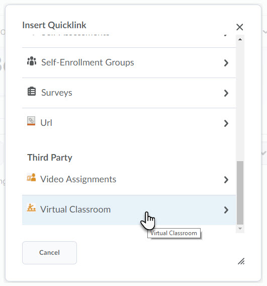 Inserting virtual classroom quicklink in a Brightspace item