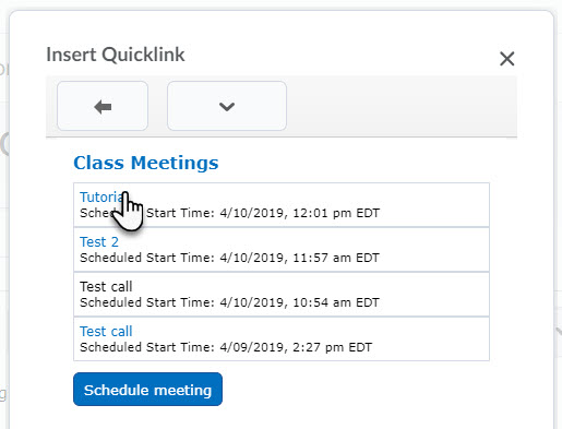 Inserting virtual classroom quicklink in a Brightspace item