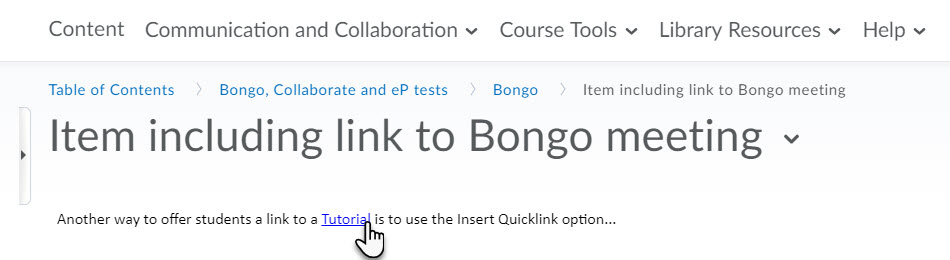 Bongo meeting link added as a quicklink in Brightspace