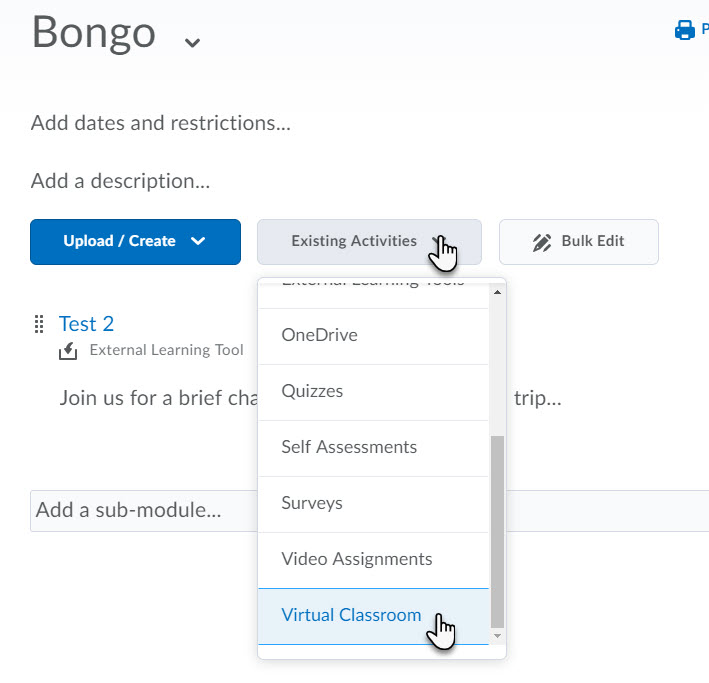 Setting up a Bongo meeting using the existing actvities menu