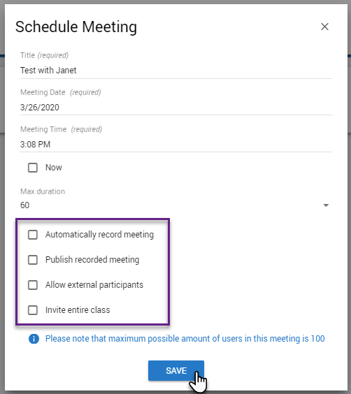 Schedule meeting popup window