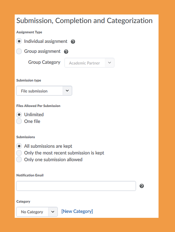 Screenshot of the Submission, Completion and Categorization setting area in the properties tab which you will customise when you set up your new assignment