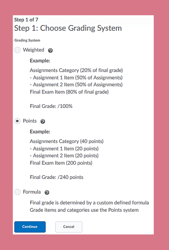 Screenshot of setp 1 - choosing a grading system