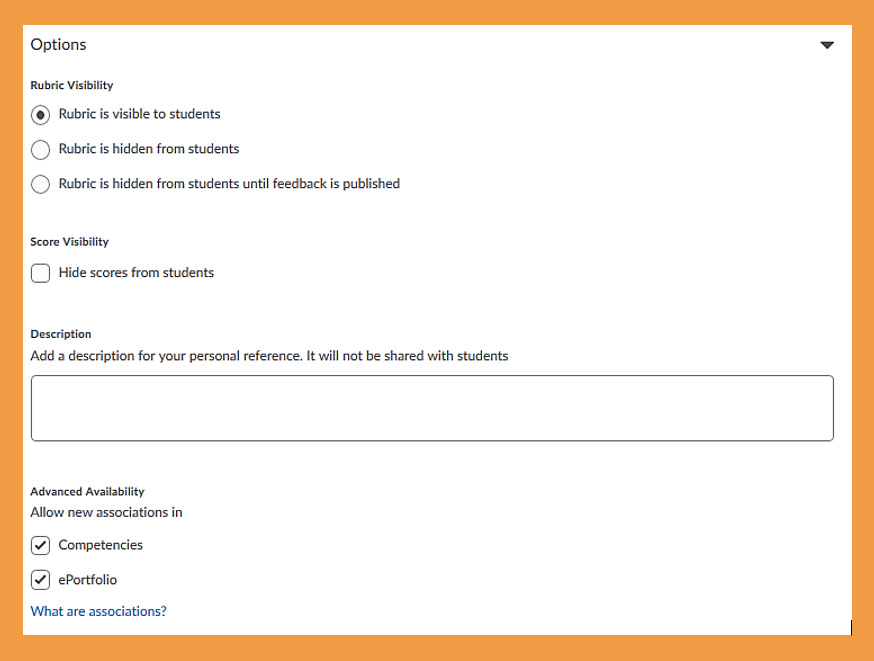 Screenshot of the optional settings which can be attached to rubrics