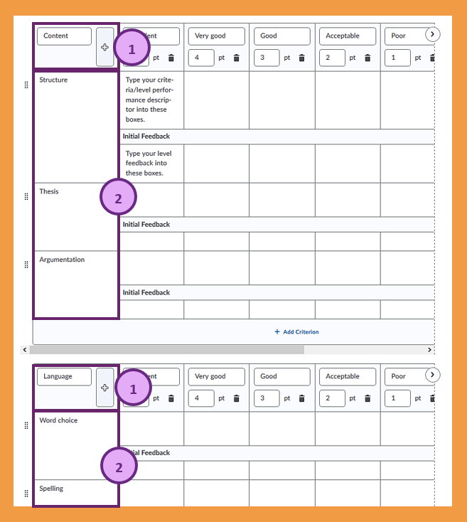 Screenshot of what a rubric with multiple criteria groups looks like