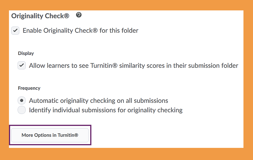Screenshot of where to click to access the More options in Turnitin area to customise further settings