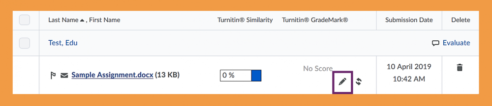 Screenshot of how to access Turnitin Feedback studio via the pencil symbol