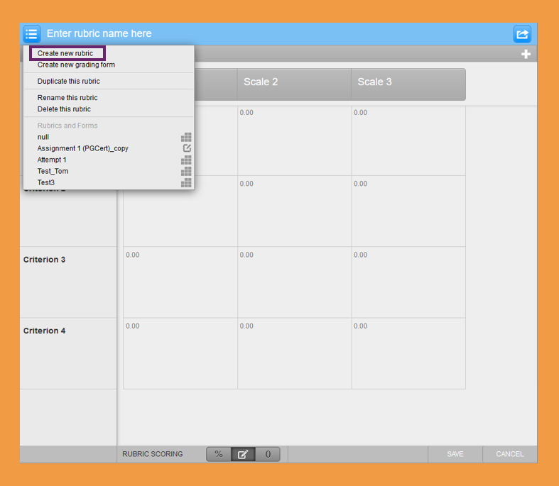 Screenshot of the Turnitin rubrics manager and where to click to create a new rubric