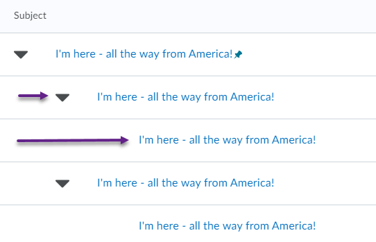 Threaded view showing how indentation is used to identify different types of message