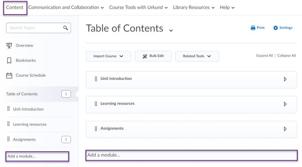 Creating an area in the Table of Contents for Discussions