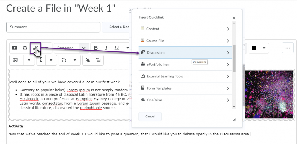 Adding a discussion via a quicklink