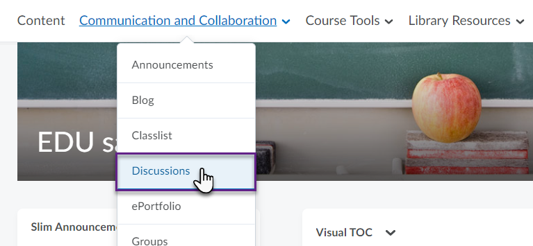 Accessing Discussions tool in Brightspace