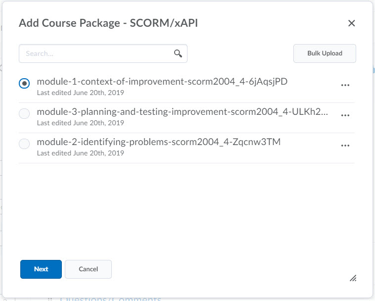 Selecting an uploaded SCORM package