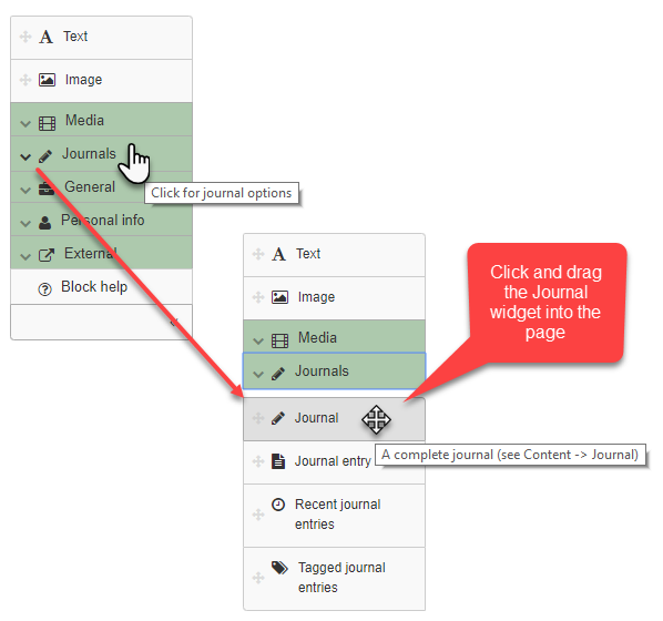 Image showing how to add the journal widget to your page