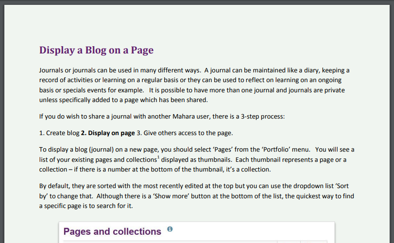 Image showing UHI Mahara guidance 'Display a blog on a page'