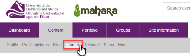 Selecting Journals from the Mahara Content tab