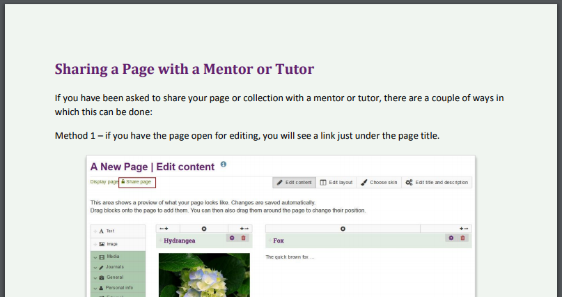 Screenshot of UHI Mahara guidance on sharing a page with a mentor or tutor