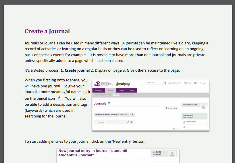 Screenshot of additional UHI Mahara guidance