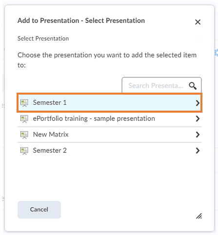 Pop-up window for adding the completed form to a presentation