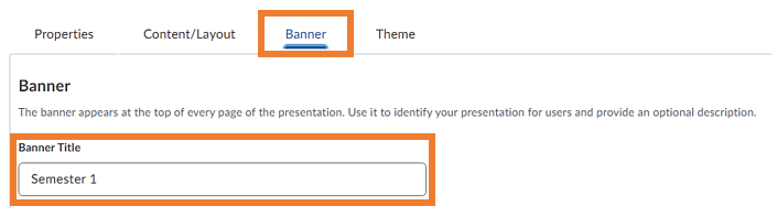 Presentation edit mode with option to change the presentation banner title in the Banner tab