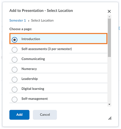Pop up window to select the page in the presentation where you would like the reflection to be displayed