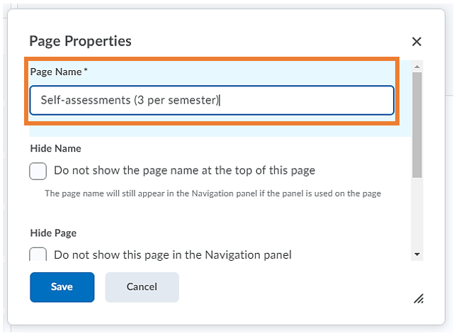 Page properties pop-up window with Page Name text box