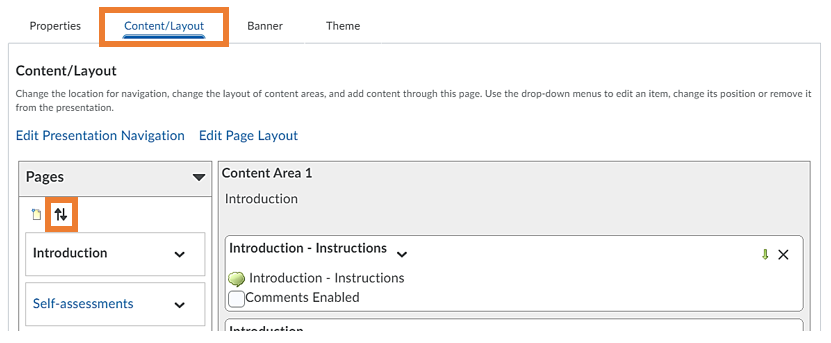Presentation edit mode with option to reorder pages in the Content/Layout tab