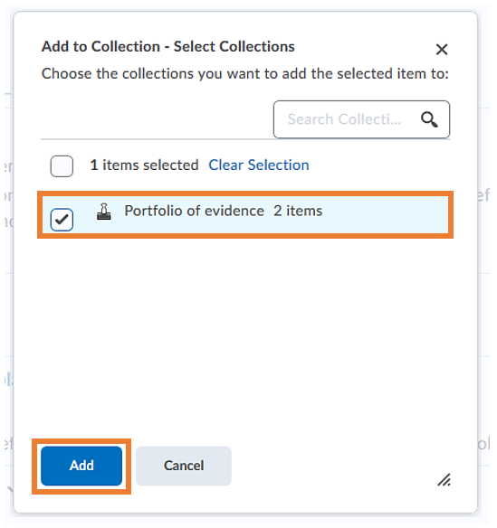 Pop-up window for adding the reflection to a collection