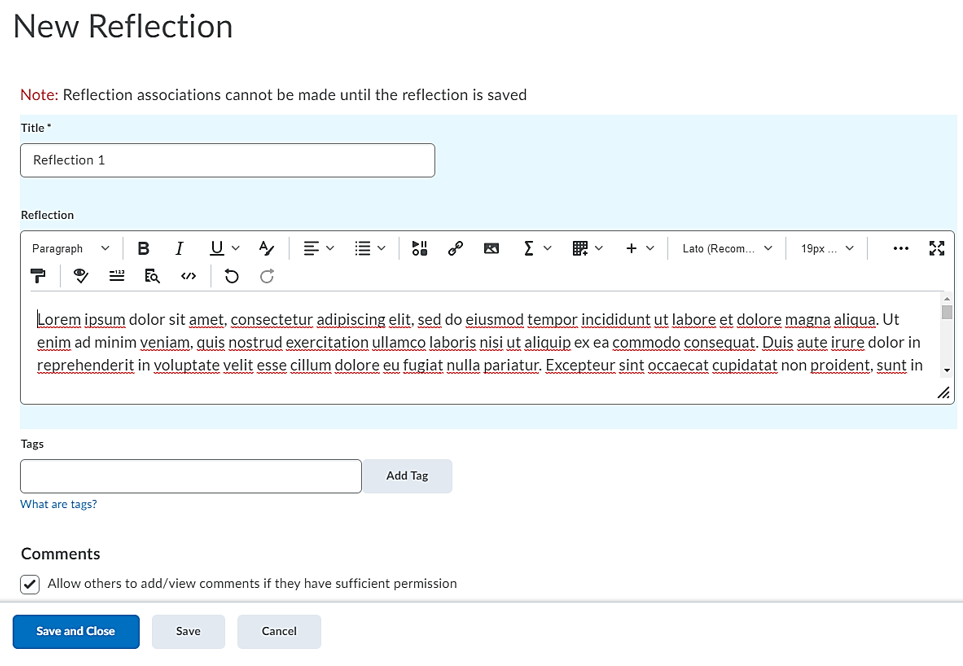 Screenshot of the reflection editor in the Brightspace ePortfolio