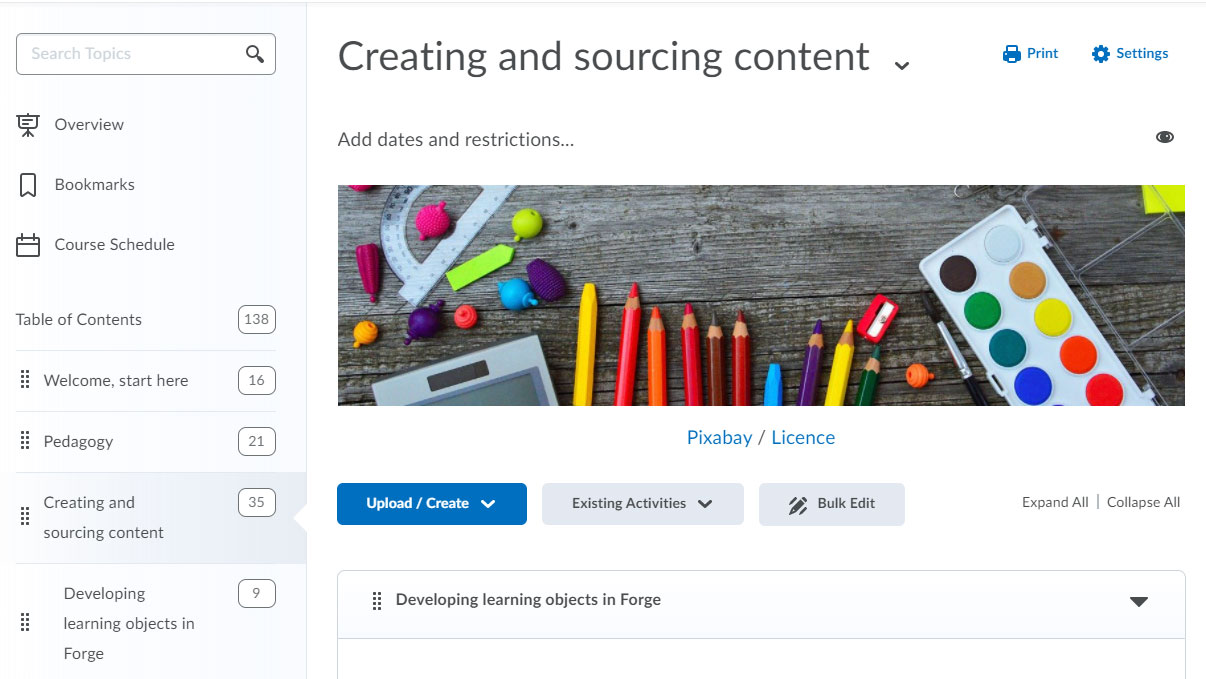 Creating and sourcing content in Brightspace