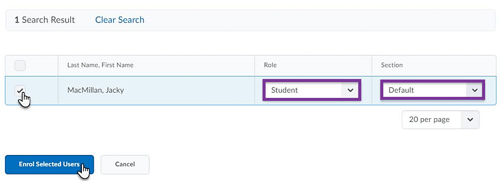 screenshot of selecting role and section for new student