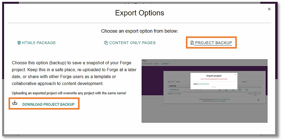 Export Options pop-up window with option to download a Project backup