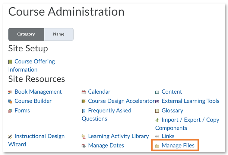 Course Admin area with the option to access the Manage Files area