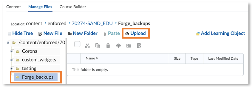 Inside the new folder in the Manage Files area with the option to upload files from outside of Brightspace