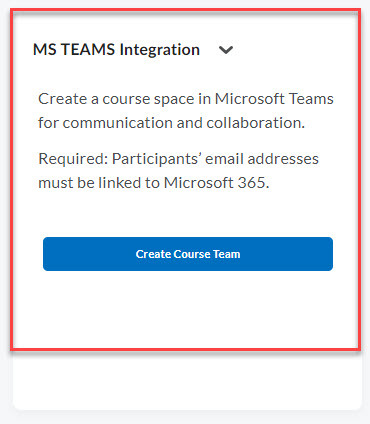 screen shot of the MS Teams widget to create a course space in Brightspace