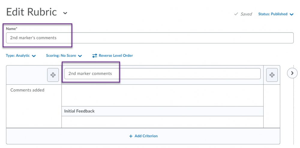 Second markers comments boxes in rubric