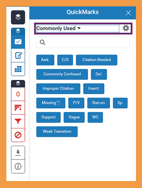 Screenshot of the Turnitin QuickMarks area (Commonly used)