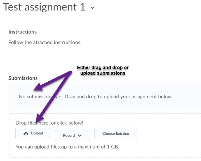 Image showing options for uploading assignment submissions